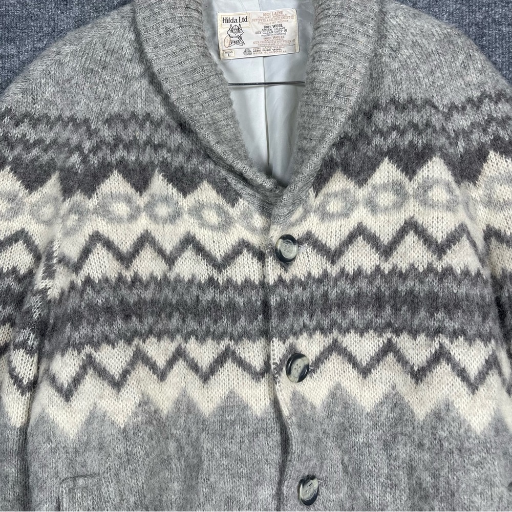Hilda Ltd Men’s Large 100% Wool Gray Fair Isle‎ Button Down Grandpa Cardigan VTG - Picture 5 of 14